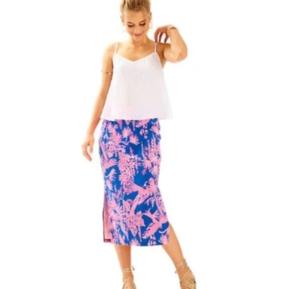 NWT Lilly Pulitzer Kemi Night Caw Indigo & Pink Floral Midi Skirt LARGE